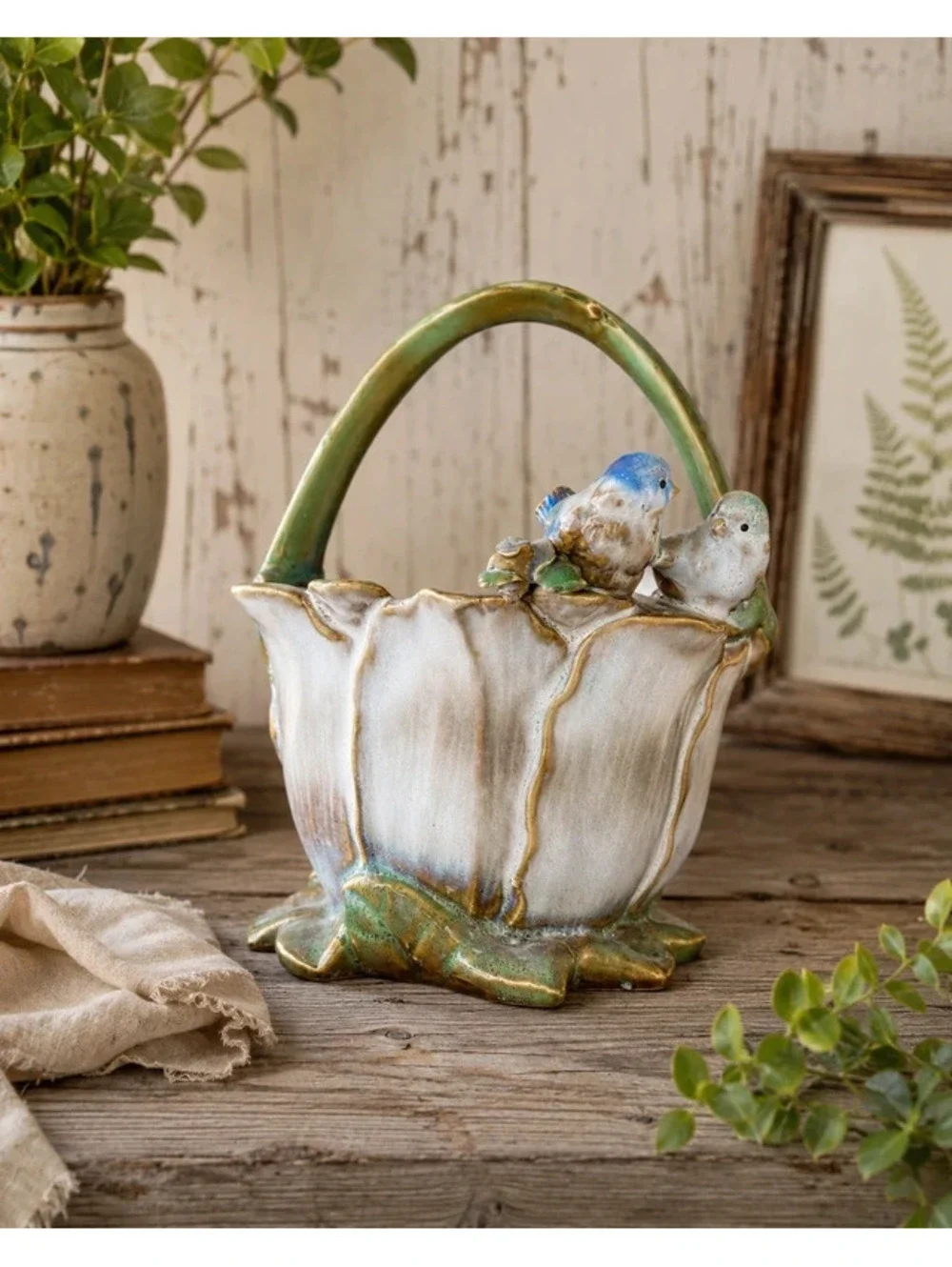Vintage Ceramic Bird Basket Planter Vase Floral Flower Pot Cottagecore Rustic